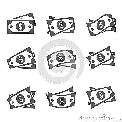 Dollar cash icon set. Currency symbol. Black money silhouette collection in flat style. Cartoon Illustration